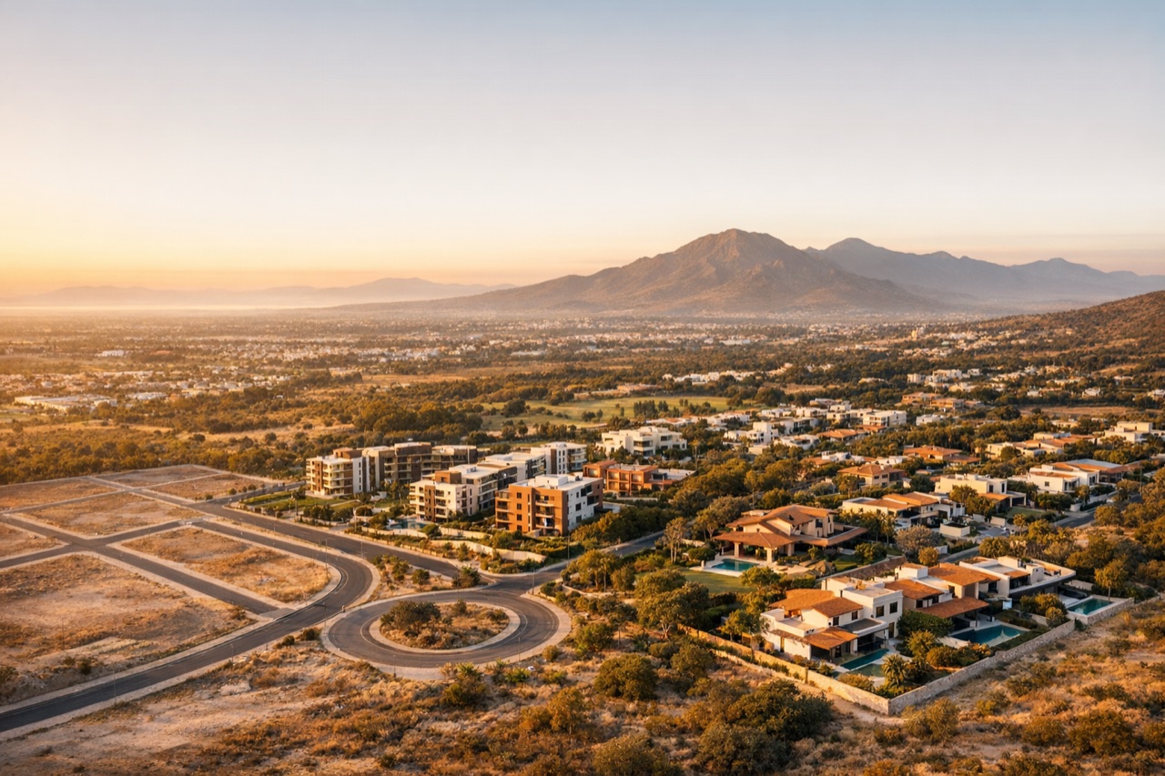 Valle al atardecer con la sierra al fondo en el norte de México